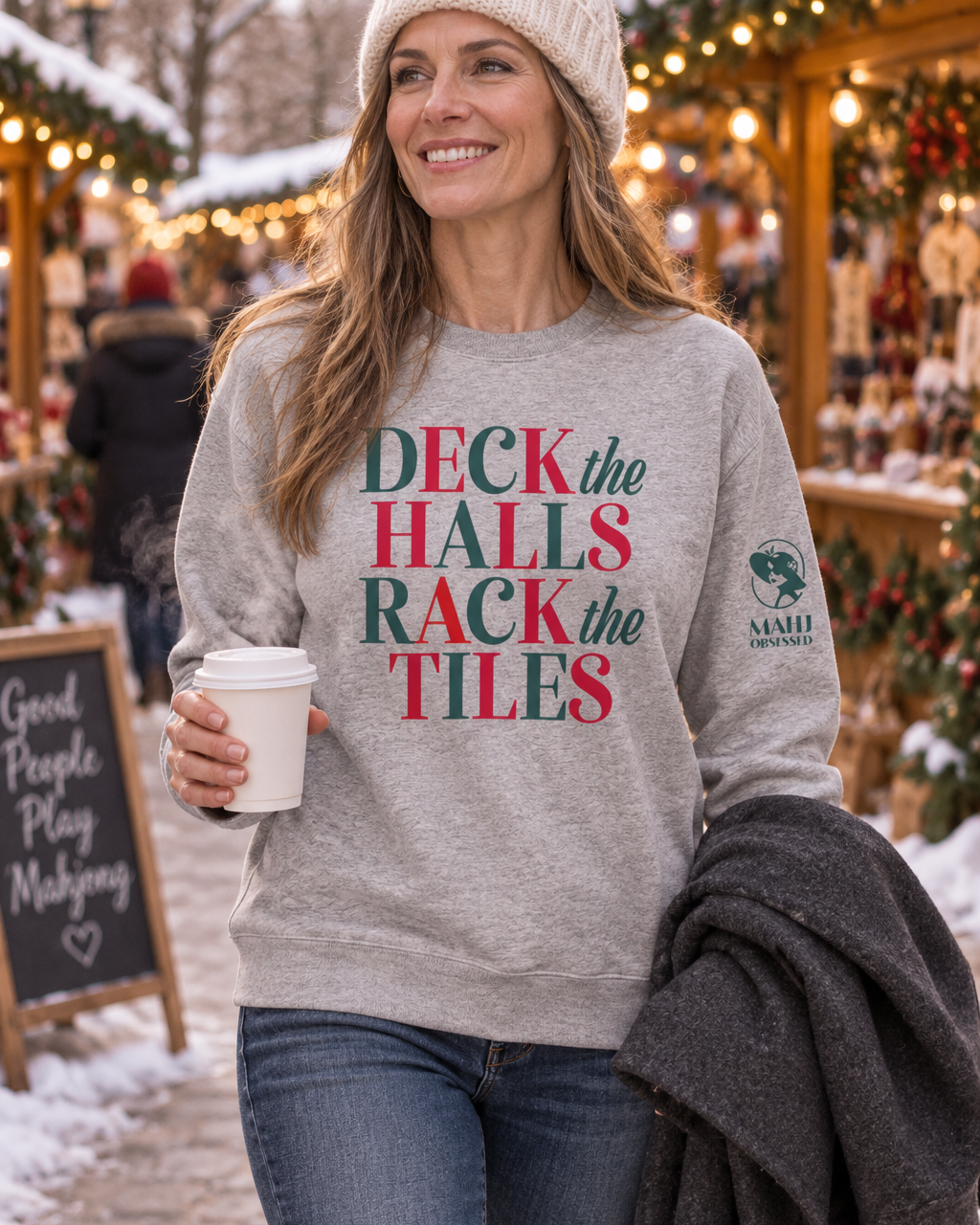 Deck the Halls Rack the Tiles mahjong sweatshirt in carbon grey, cold market