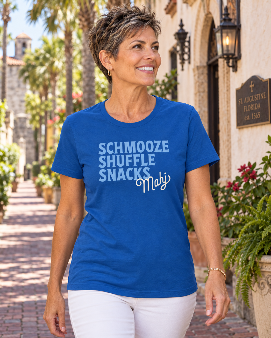 Schmooze Shuffle Snacks mahjong t-shirt in true royal, florida