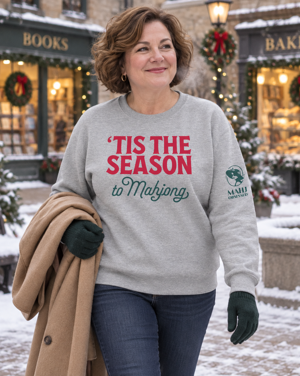 'Tis the Season to Mahjong sweatshirt in carbon grey, cold plaza