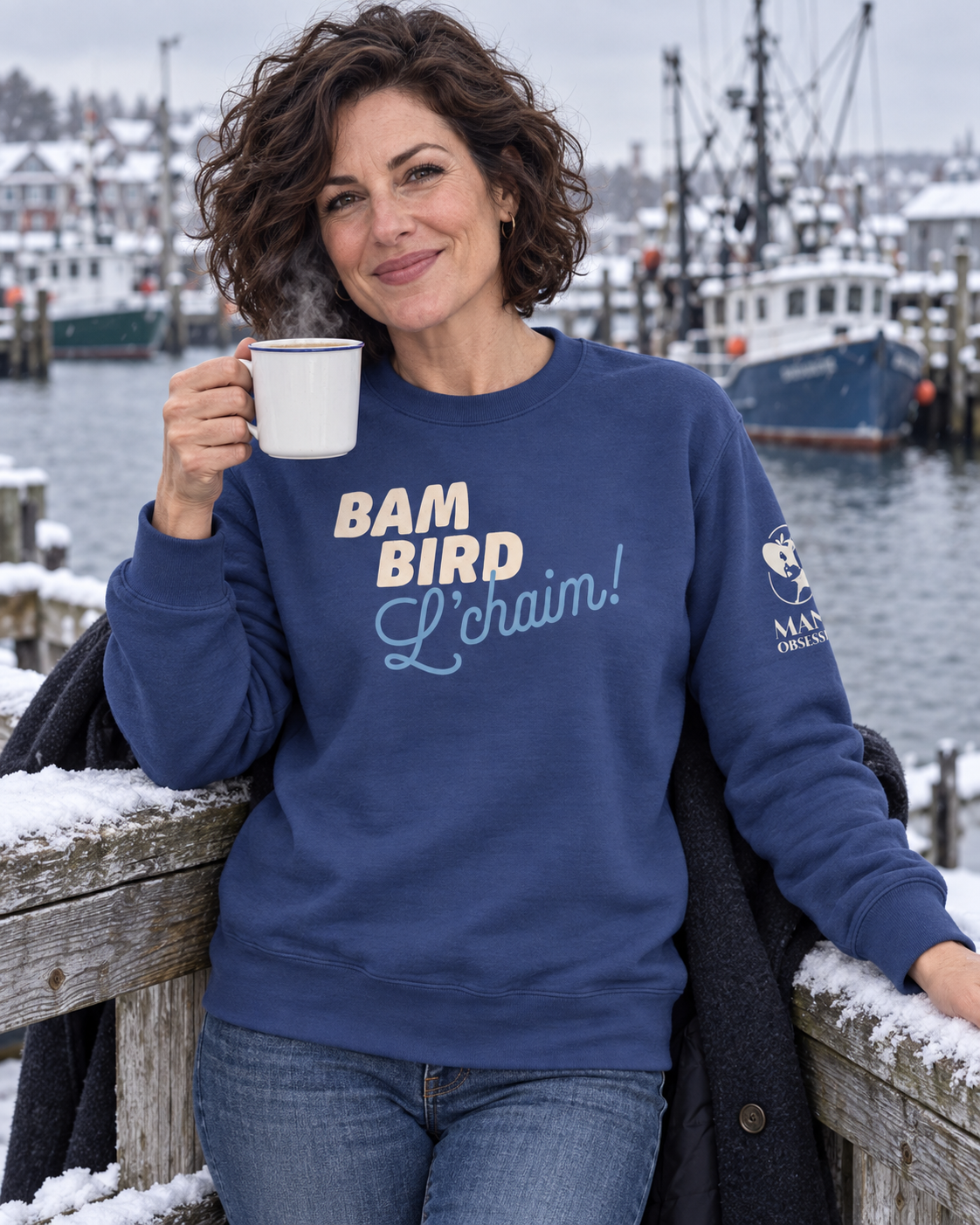 Bam Bird L'Chaim mahjong sweatshirt in team royal, cold outdoors