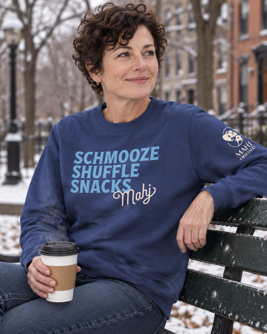 Schmooze Shuffle Snacks mahjong sweatshirt in team royal, cold outdoors