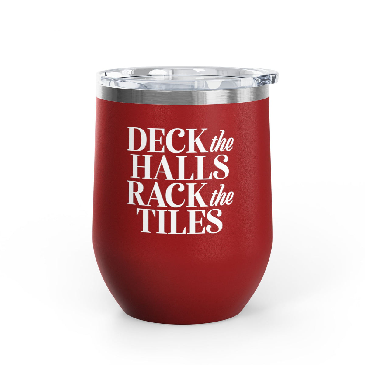 Deck the Halls Rack the Tiles wine tumbler in red