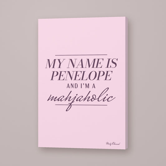 I'm a Mahjaholic Mahjong canvas wall art in lavender, hung on wall