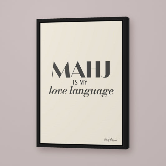 My Mahj, My Word Mahjong framed canvas wall art in ivory, black frame, hung on wall [frame:black]