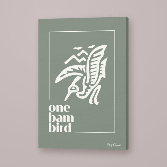 One Bam Bird Mahjong canvas wall art in green, hung on wall