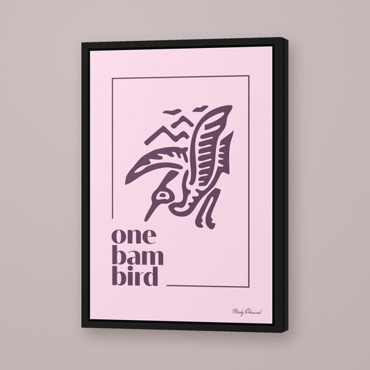 One Bam Bird Mahjong framed canvas wall art in lavender, black frame, hung on wall [frame:black]