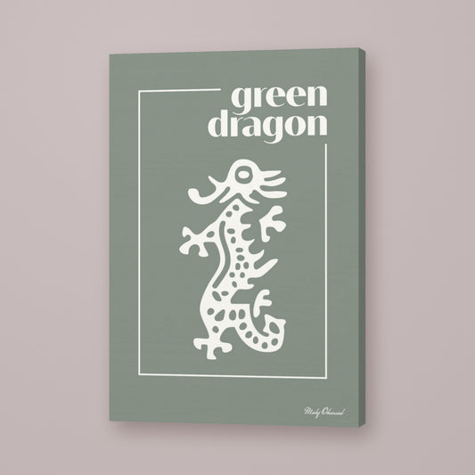 Green Dragon Mahjong canvas wall art in green, hung on wall