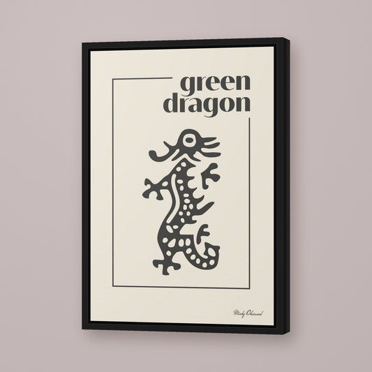 Green Dragon Mahjong framed canvas wall art in ivory, black frame, hung on wall [frame:black]