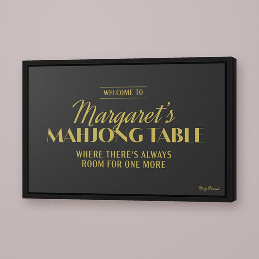 Always Welcome Table Mahjong framed canvas wall art in black, black frame, hung on wall [frame:black]