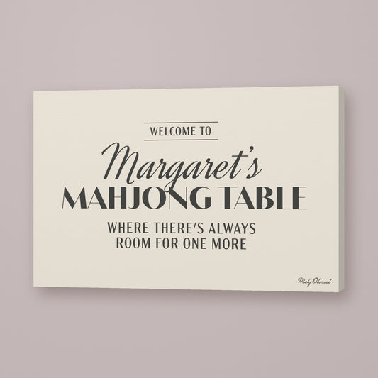 Always Welcome Table Mahjong canvas wall art in ivory, hung on wall