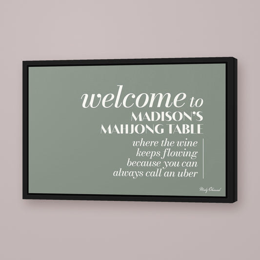 Drink As Much As You Want Table Mahjong framed canvas wall art in green, black frame, hung on wall [frame:black]