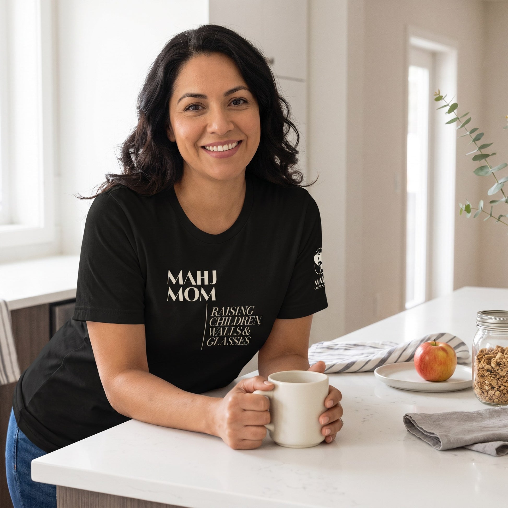 Woman wearing mahjong t-shirt Black - Mahj Obsessed [color:black]