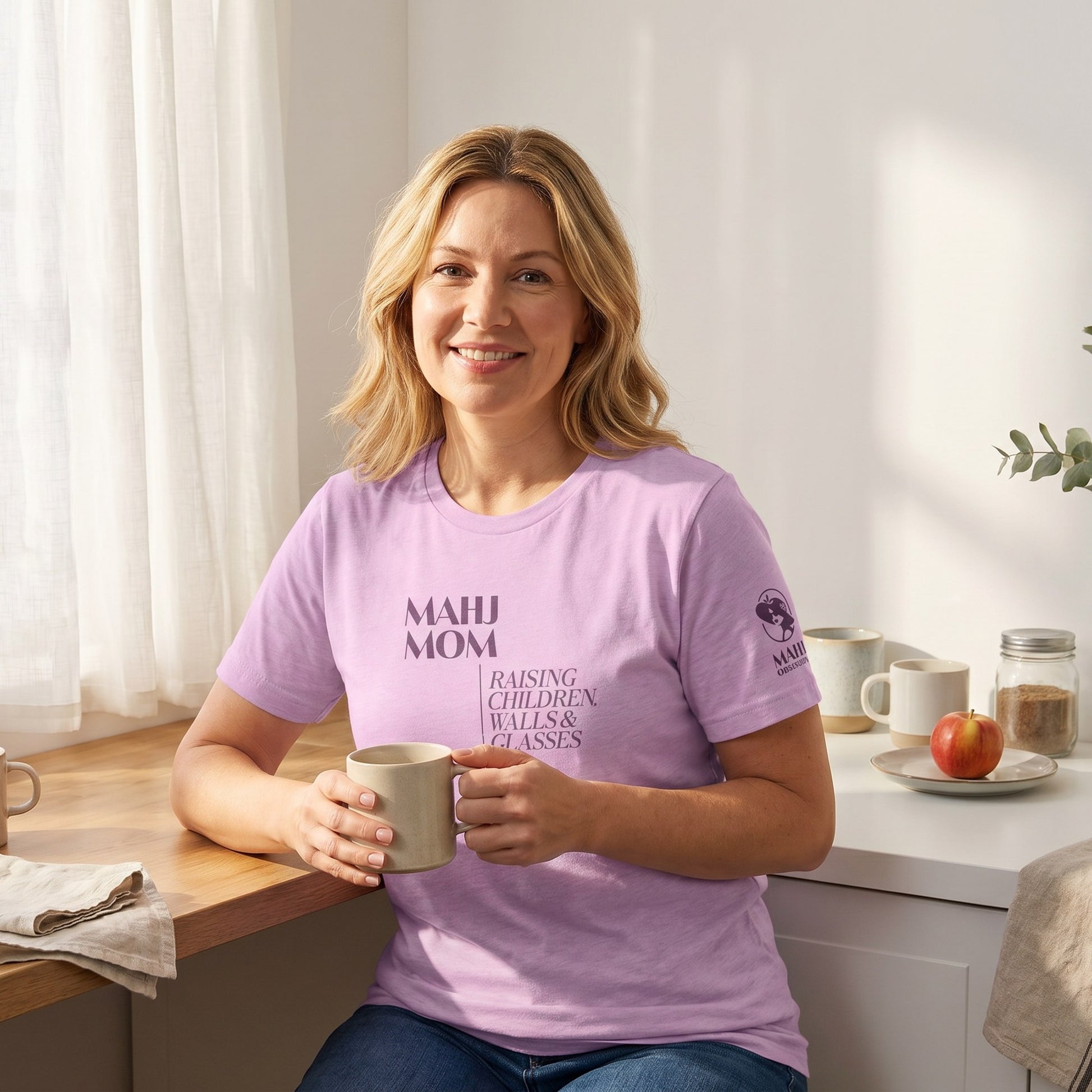 Woman wearing mahjong t-shirt Lilac - Mahj Obsessed [color:lilac]