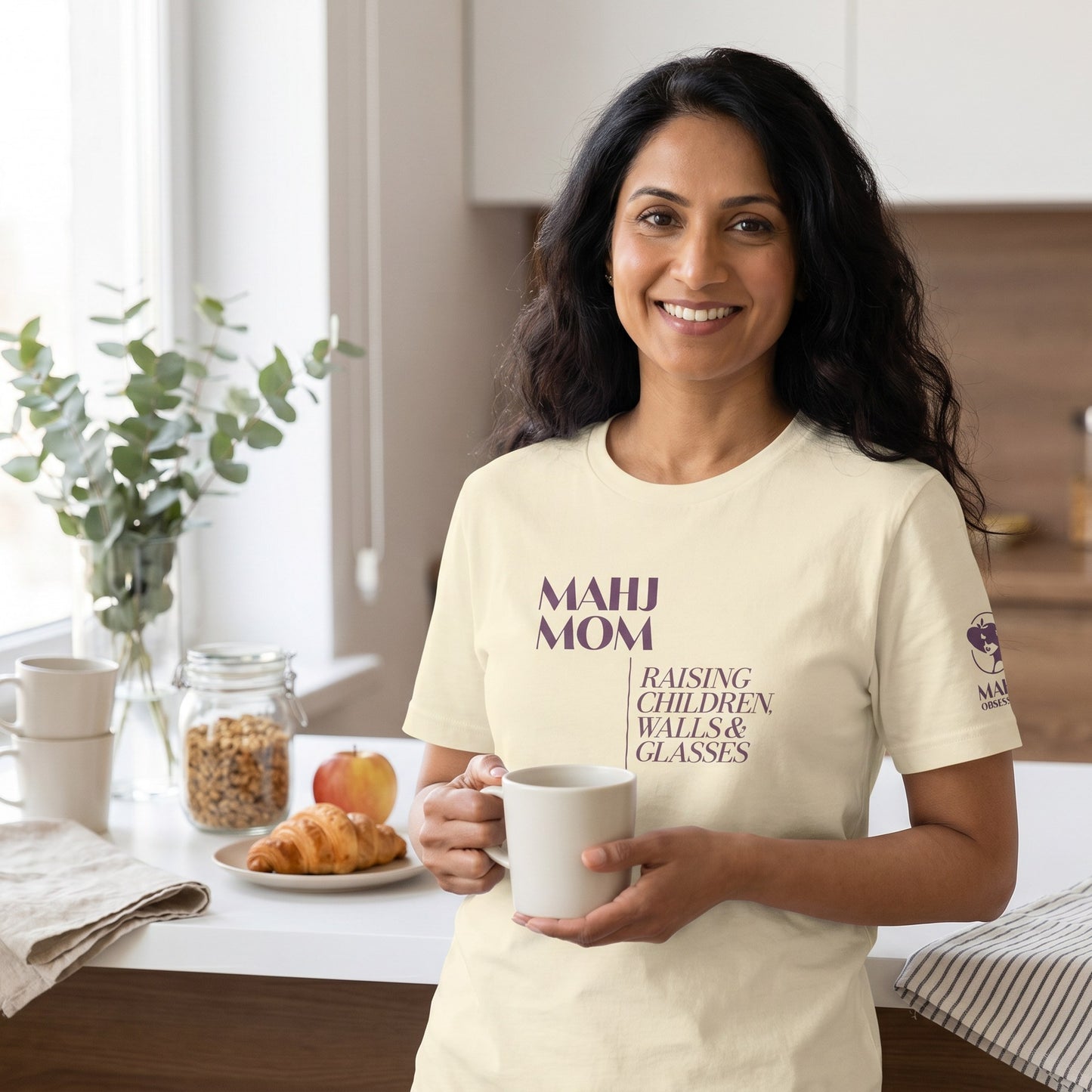 Woman wearing mahjong t-shirt Natural - Mahj Obsessed [color:natural]