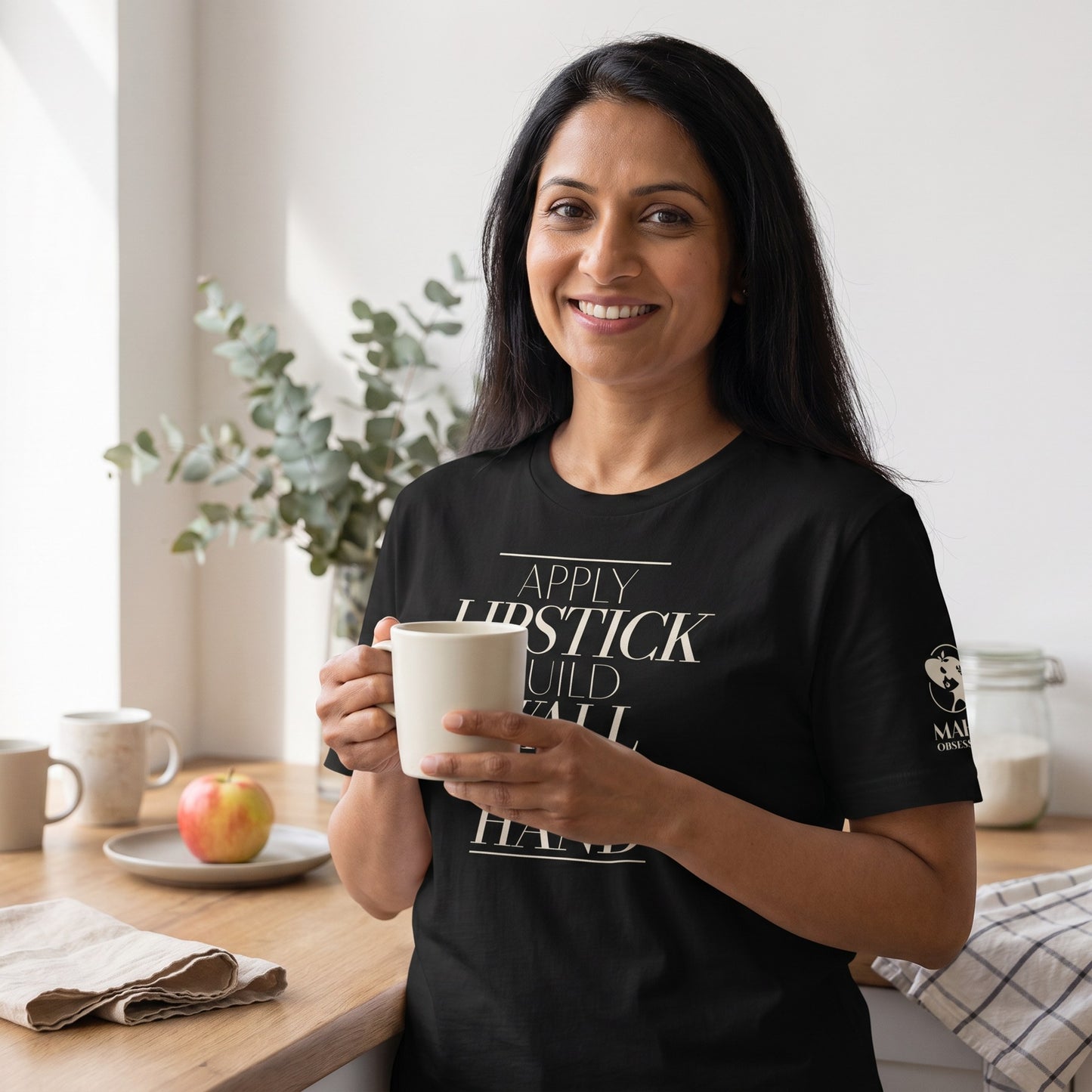 Woman wearing mahjong t-shirt Black - Mahj Obsessed [color:black]