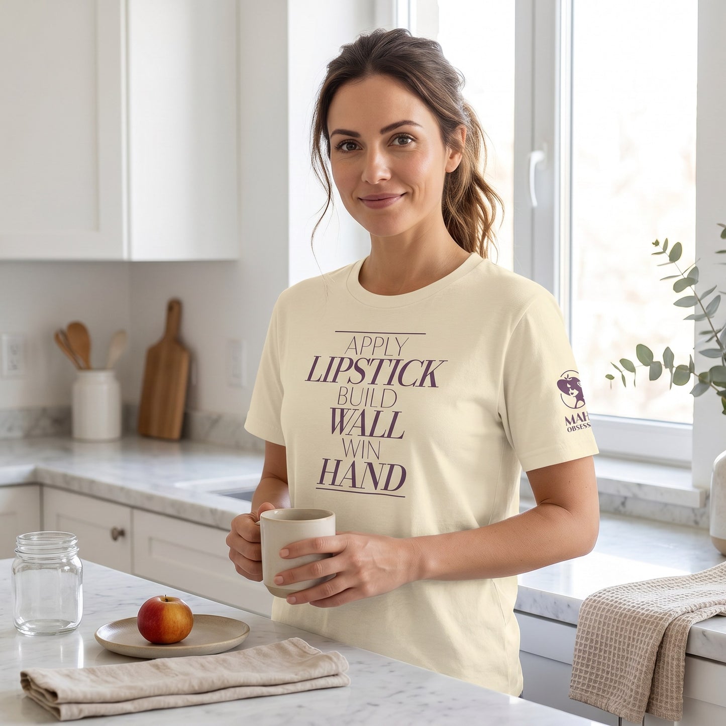 Woman wearing mahjong t-shirt Natural - Mahj Obsessed [color:natural]