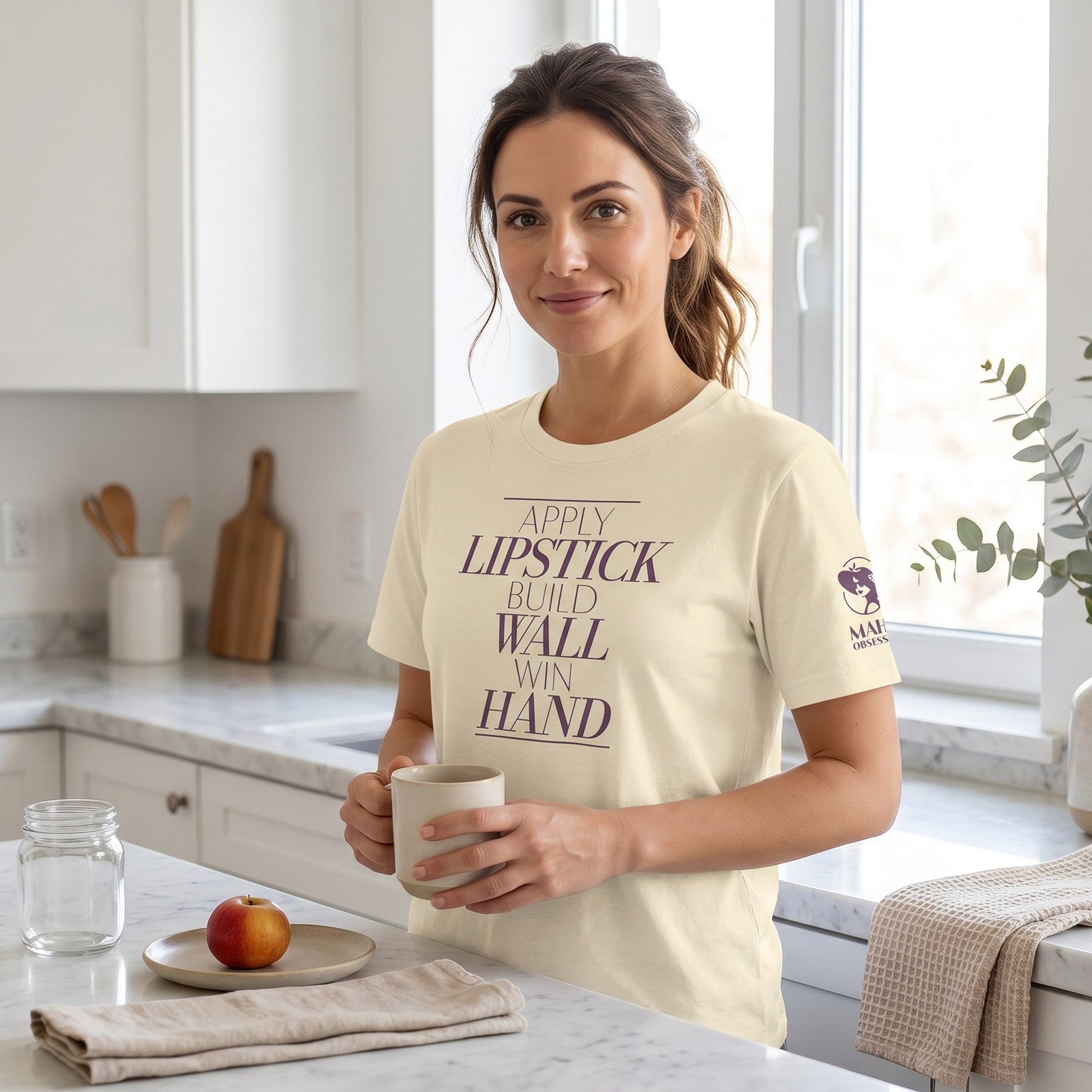 Woman wearing mahjong t-shirt Natural - Mahj Obsessed [color:natural]