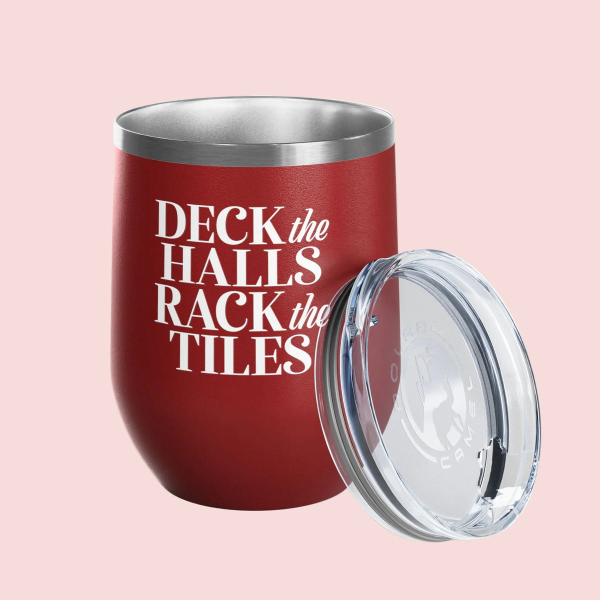 Deck the Halls Rack the Tiles wine tumbler in red