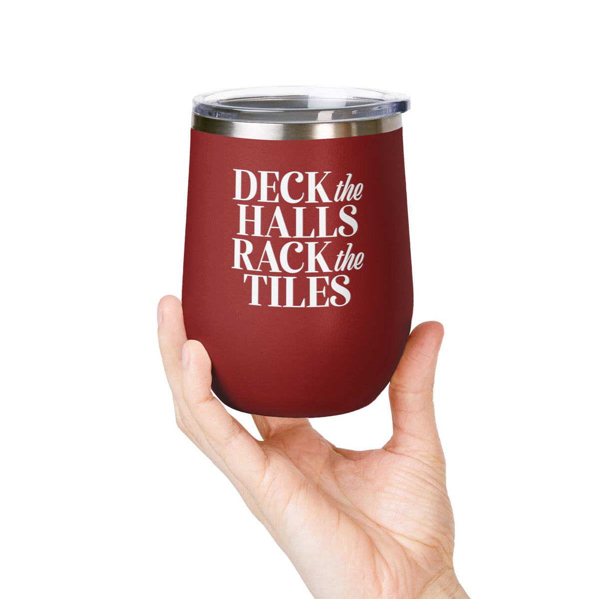 Deck the Halls Rack the Tiles wine tumbler in red