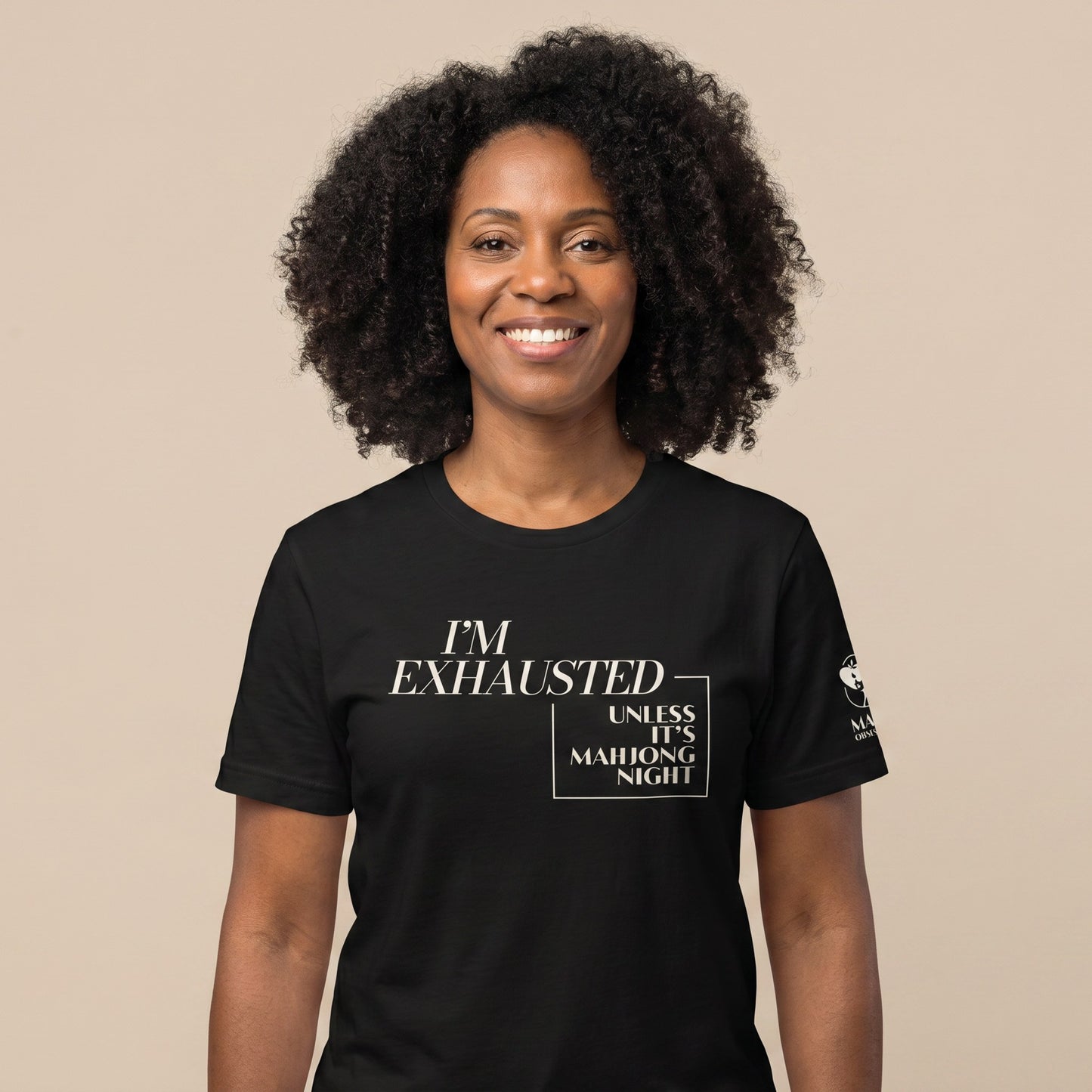 Women's mahjong t-shirt Black front view - Mahj Obsessed [color:black]