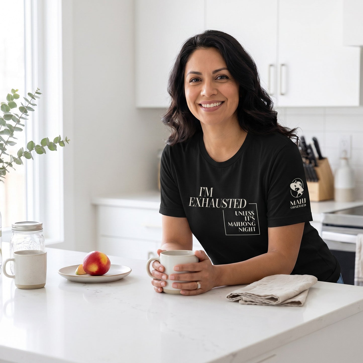 Woman wearing mahjong t-shirt Black - Mahj Obsessed [color:black]