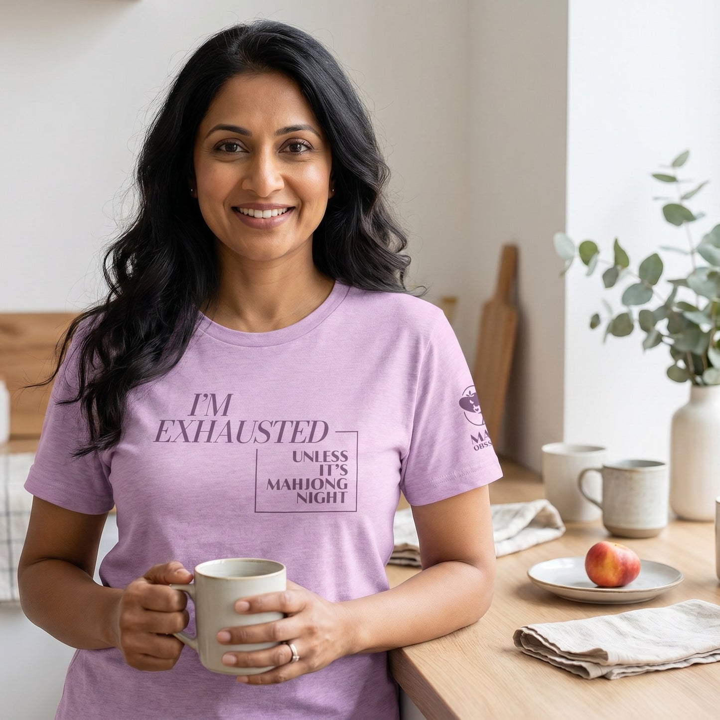 Woman wearing mahjong t-shirt Lilac - Mahj Obsessed [color:lilac]