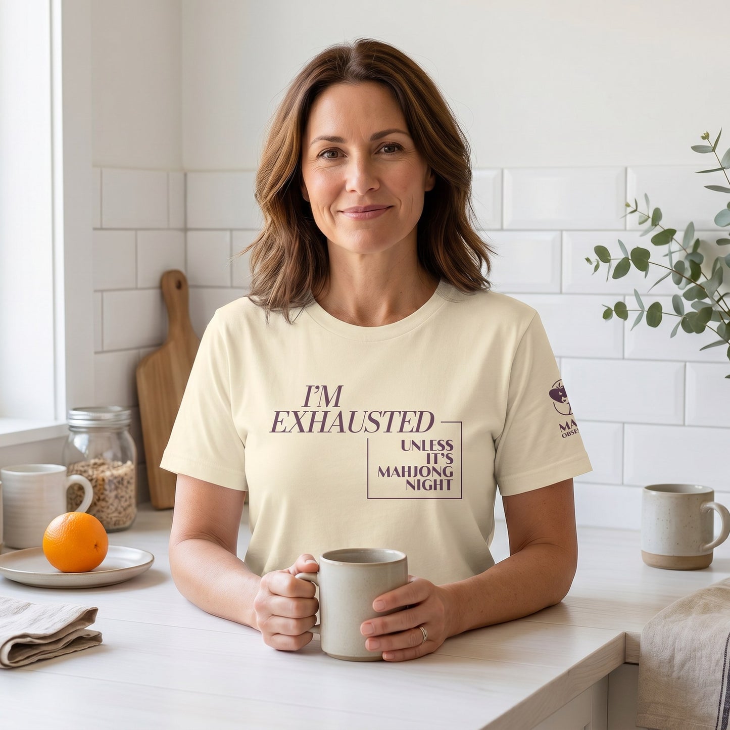 Woman wearing mahjong t-shirt Natural - Mahj Obsessed [color:natural]