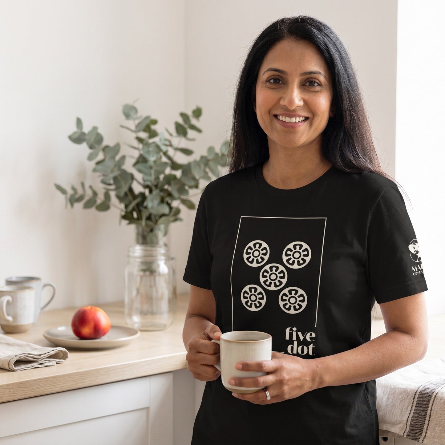 Woman wearing mahjong t-shirt Black - Mahj Obsessed [color:black]