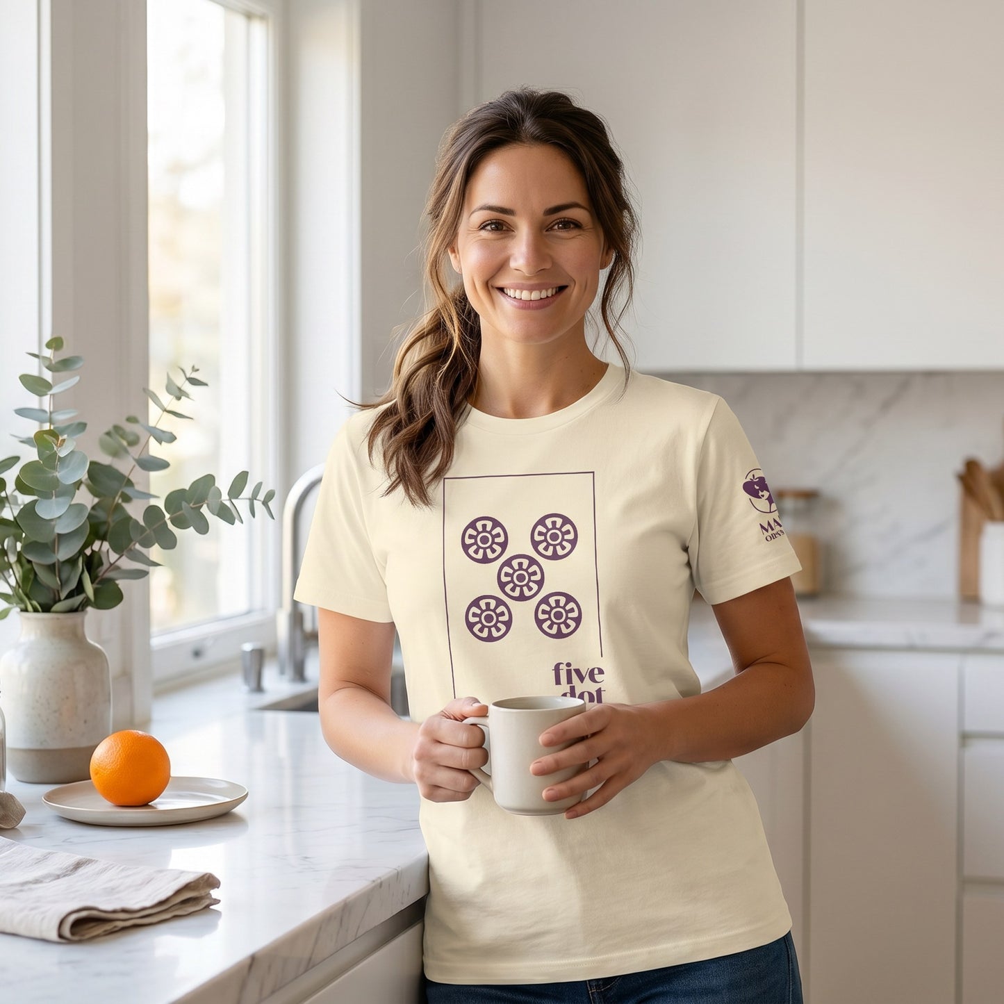 Woman wearing mahjong t-shirt Natural - Mahj Obsessed [color:natural]