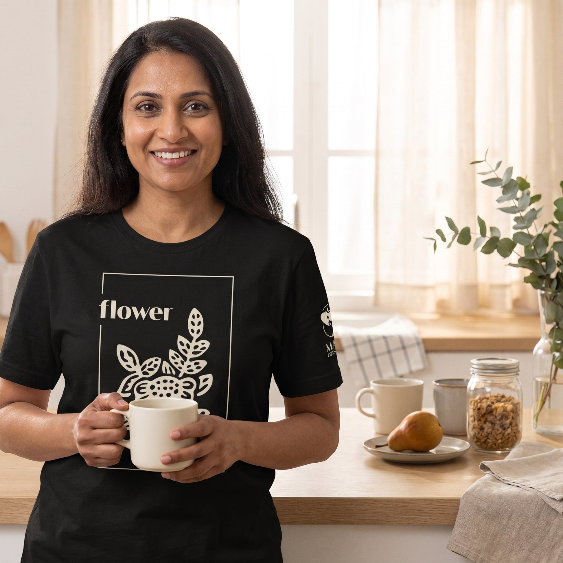 Woman wearing mahjong t-shirt Black - Mahj Obsessed [color:black]