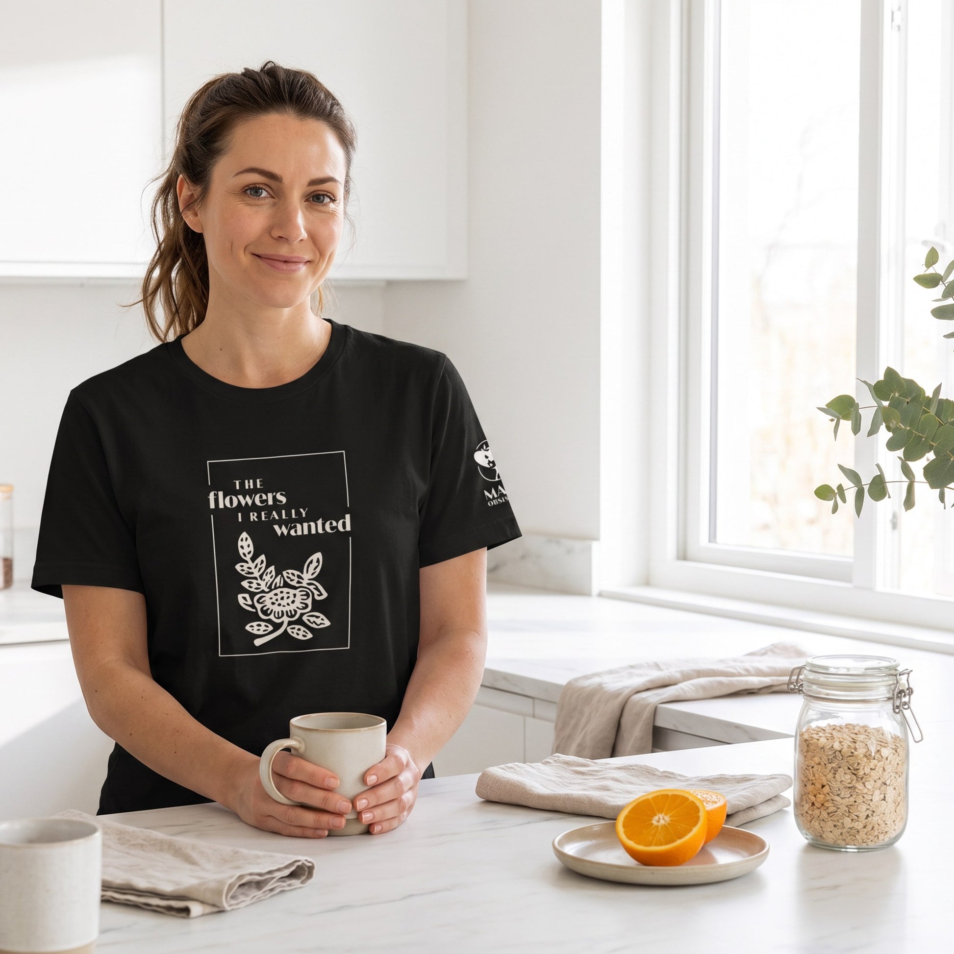 Woman wearing mahjong t-shirt Black - Mahj Obsessed [color:black]