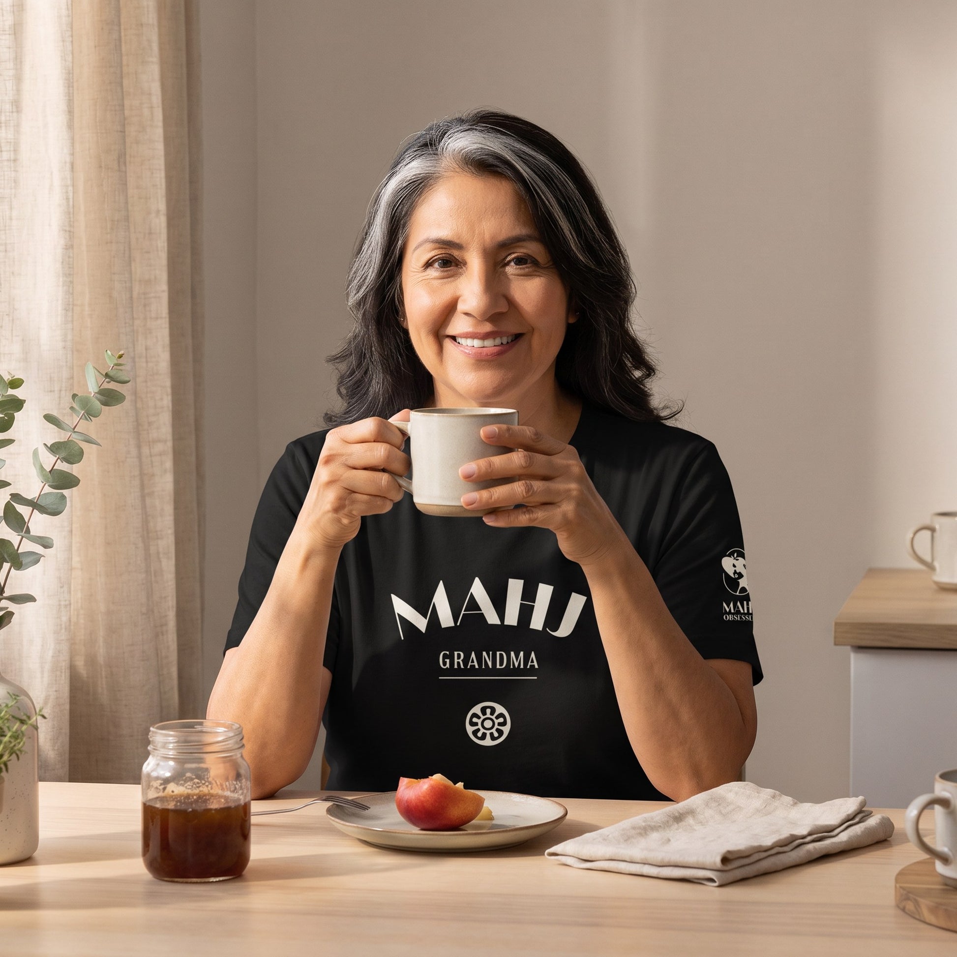 Woman wearing mahjong t-shirt Black - Mahj Obsessed [color:black]