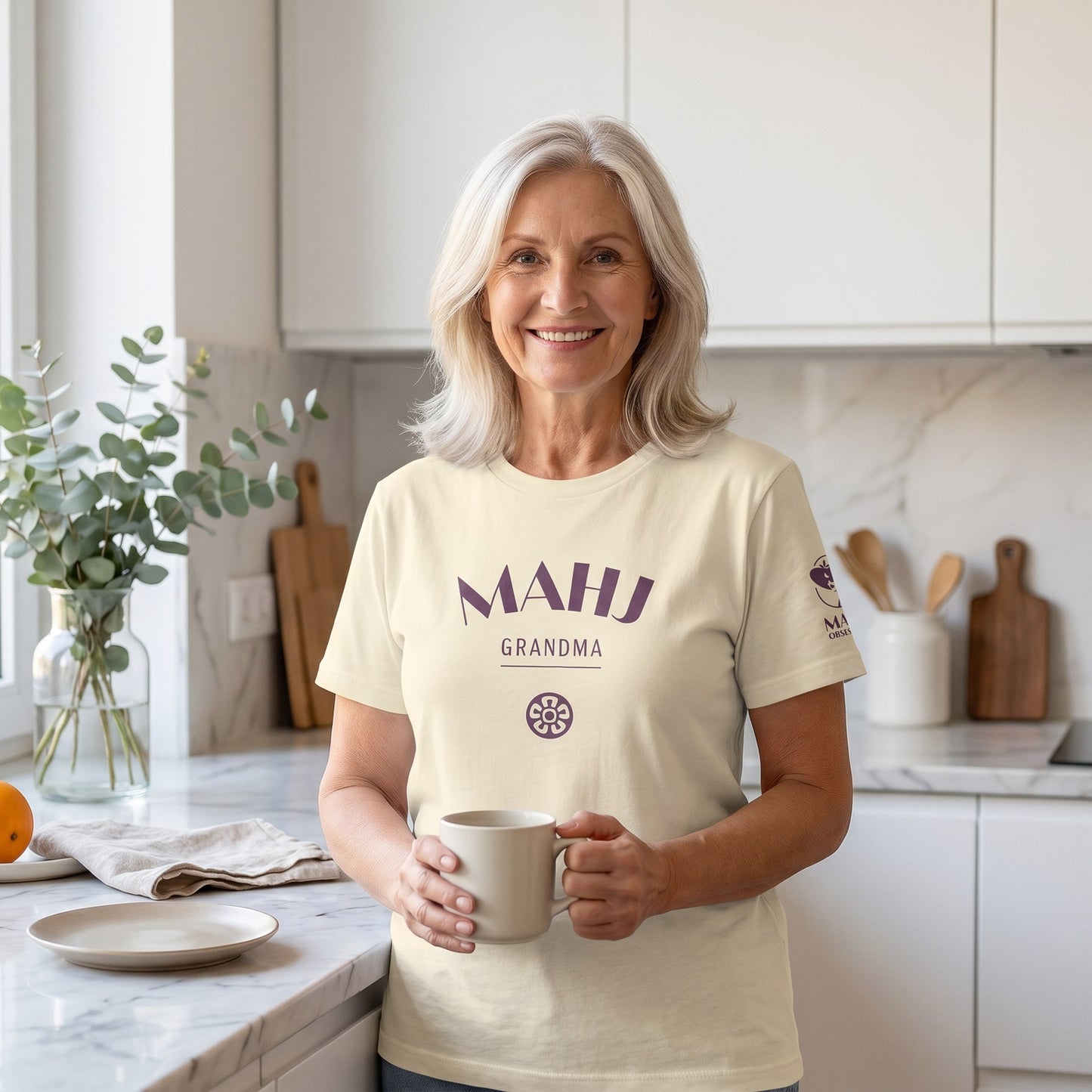 Woman wearing mahjong t-shirt Natural - Mahj Obsessed [color:natural]