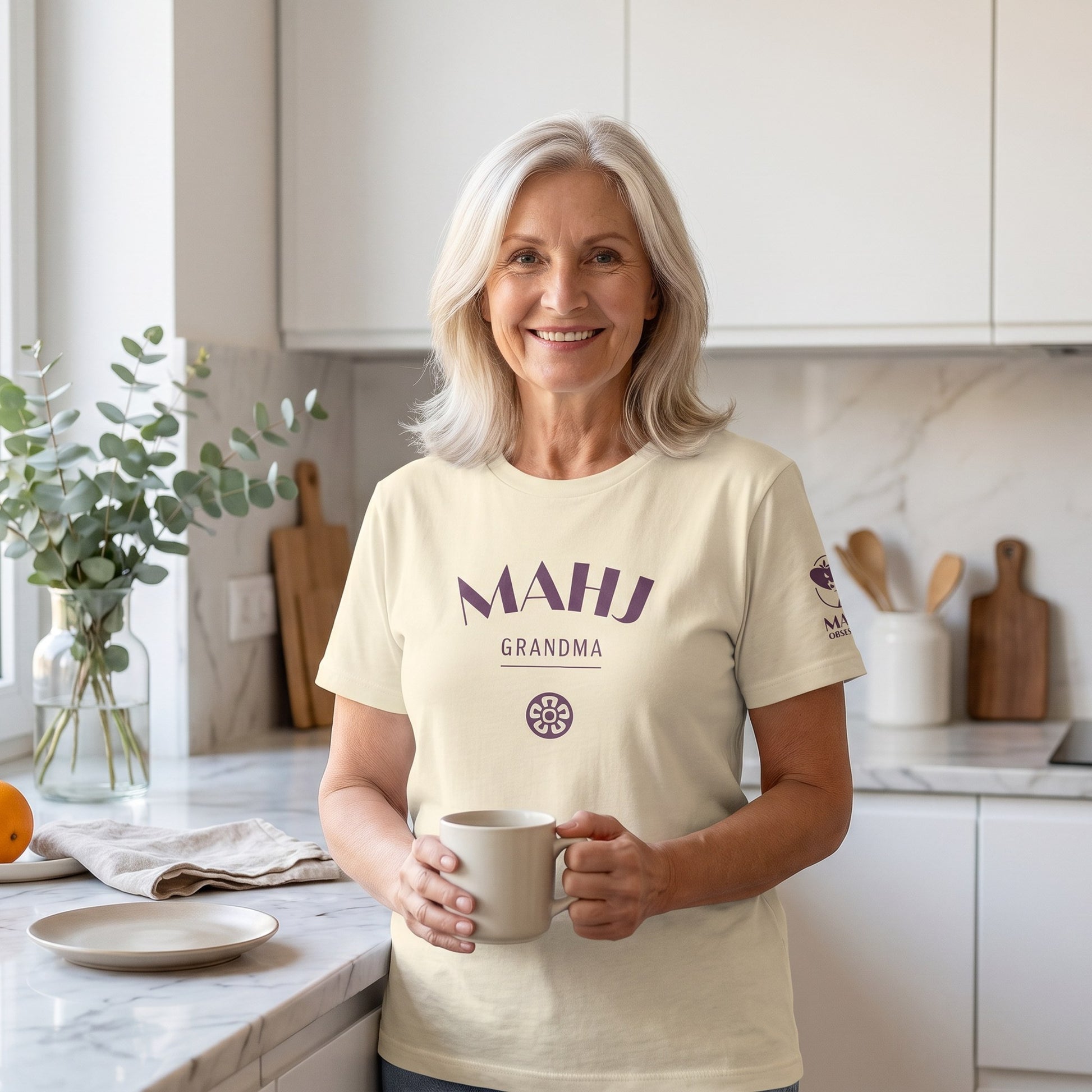 Woman wearing mahjong t-shirt Natural - Mahj Obsessed [color:natural]