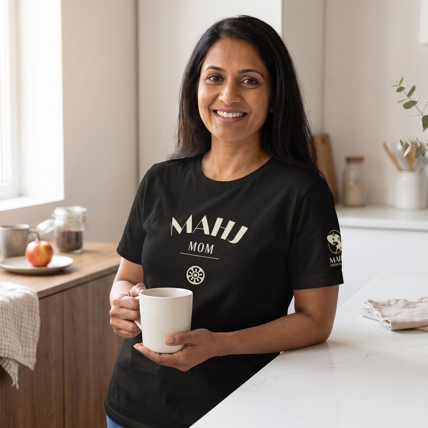 Woman wearing mahjong t-shirt Black - Mahj Obsessed [color:black]
