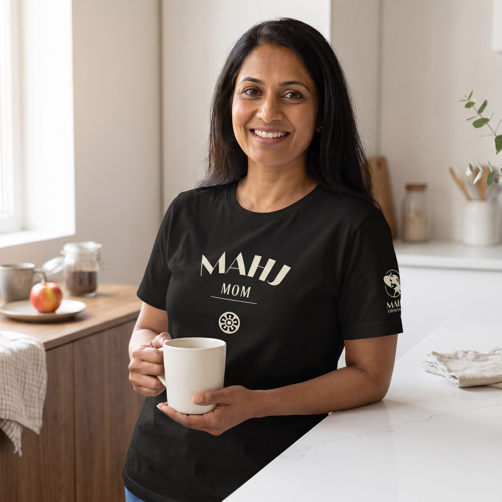 Woman wearing mahjong t-shirt Black - Mahj Obsessed [color:black]