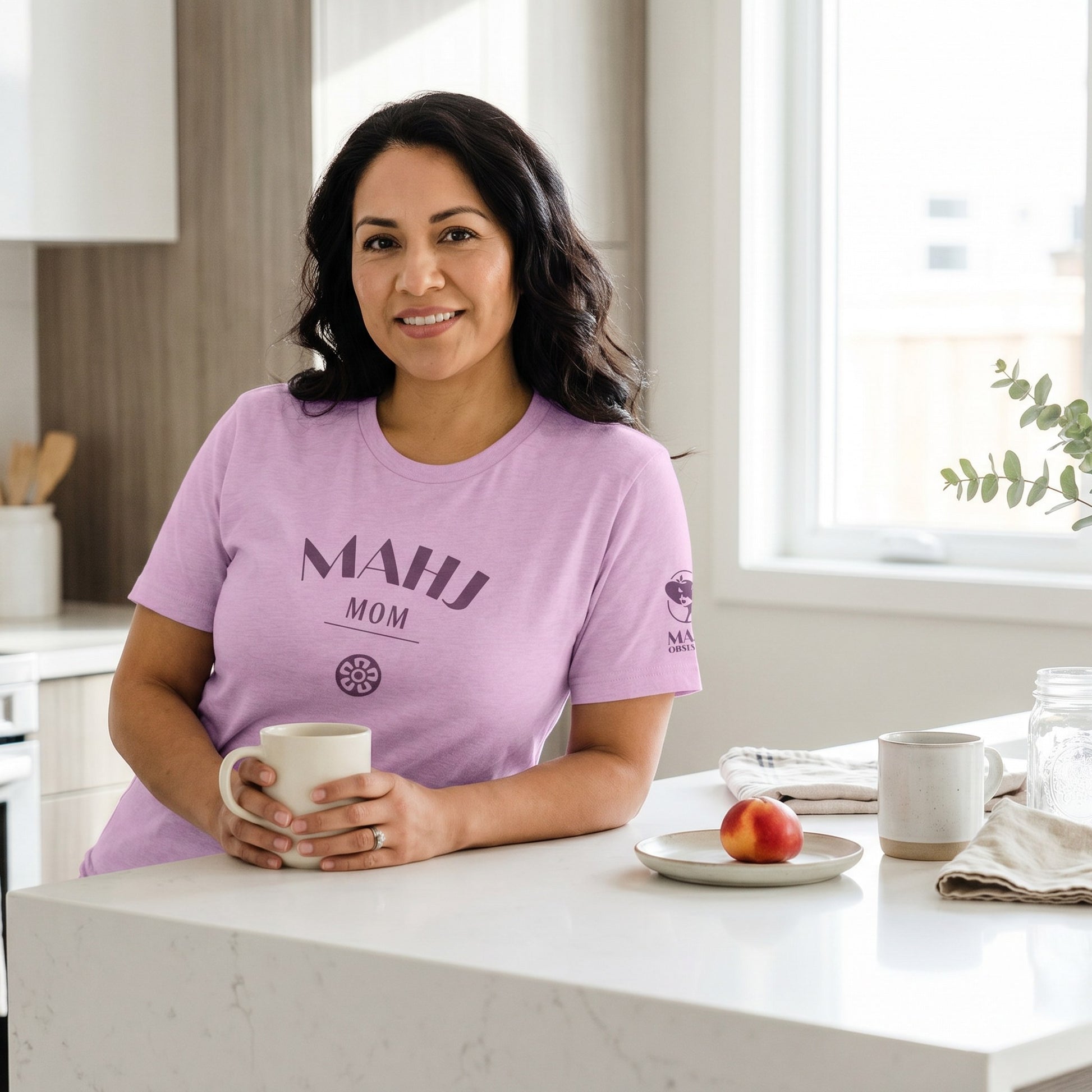 Woman wearing mahjong t-shirt Lilac - Mahj Obsessed [color:lilac]