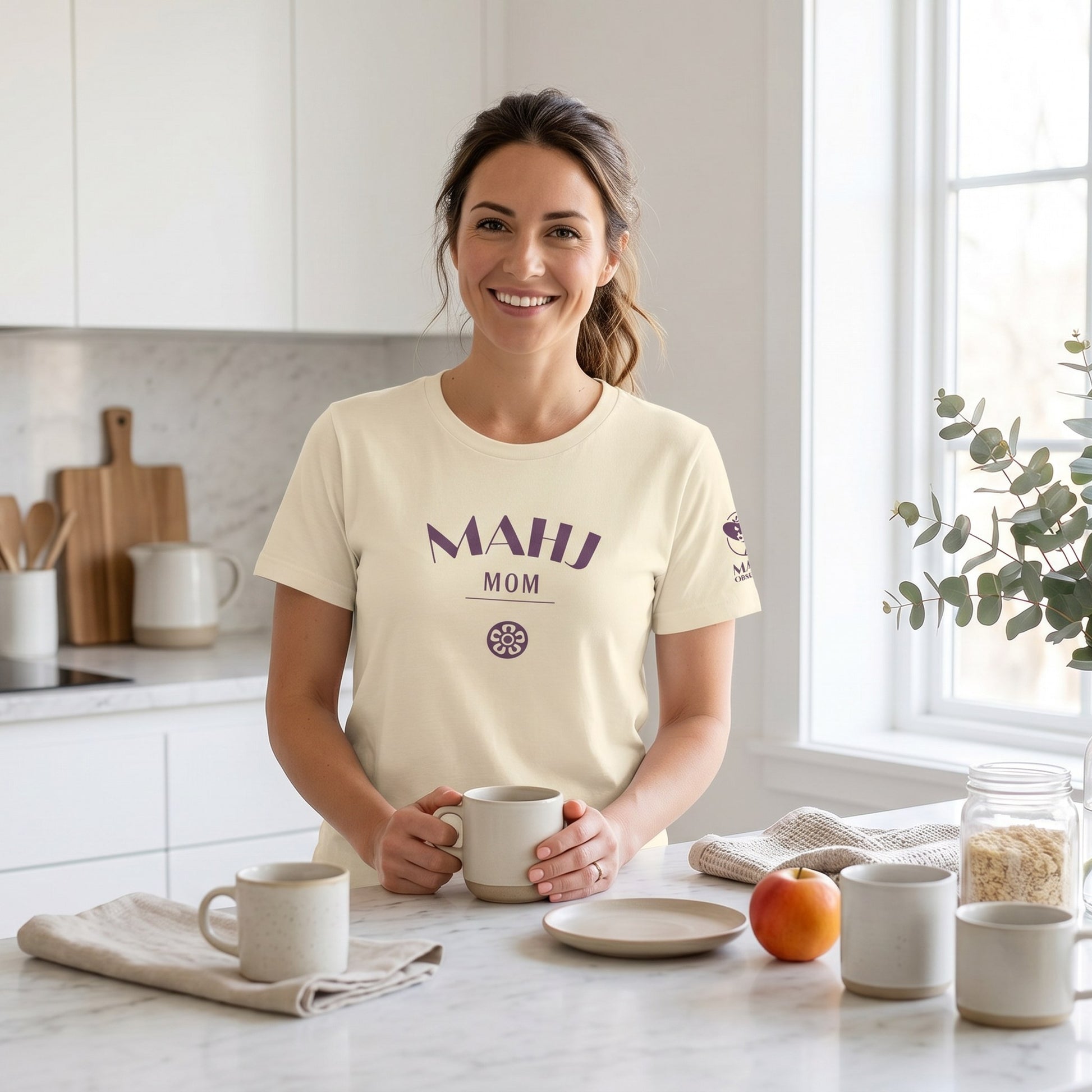 Woman wearing mahjong t-shirt Natural - Mahj Obsessed [color:natural]