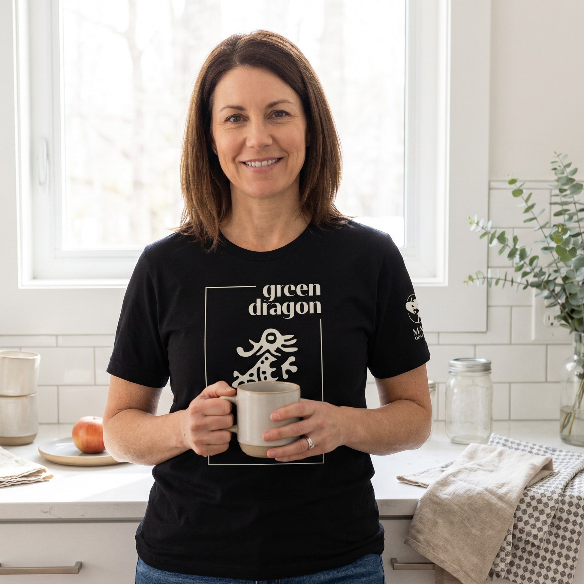 Woman wearing mahjong t-shirt Black - Mahj Obsessed [color:black]