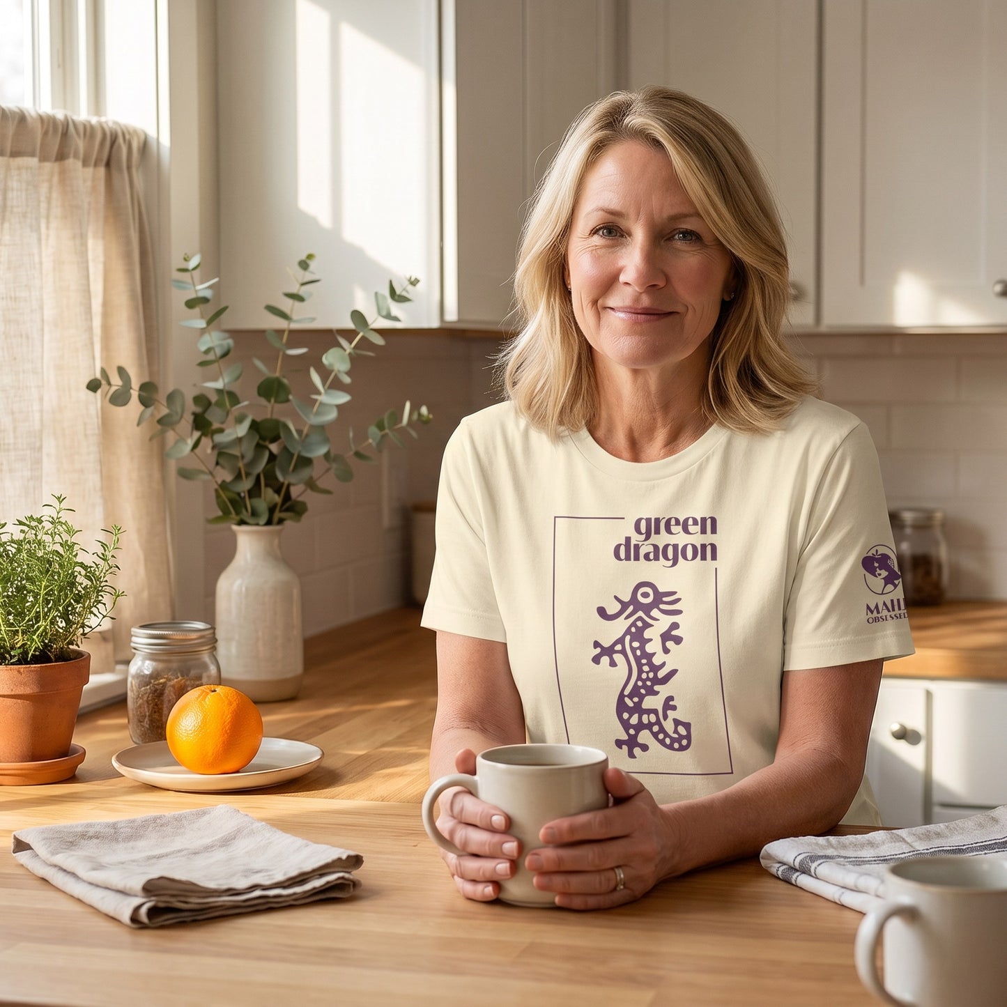 Woman wearing mahjong t-shirt Natural - Mahj Obsessed [color:natural]