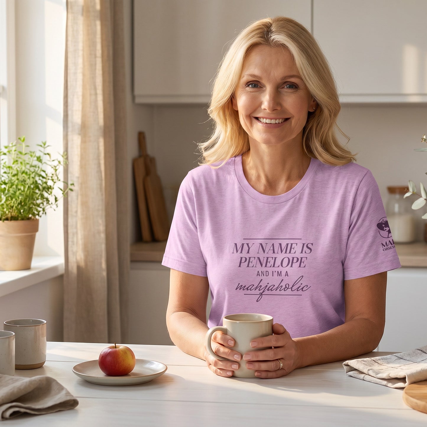 Woman wearing mahjong t-shirt Lilac - Mahj Obsessed [color:lilac]
