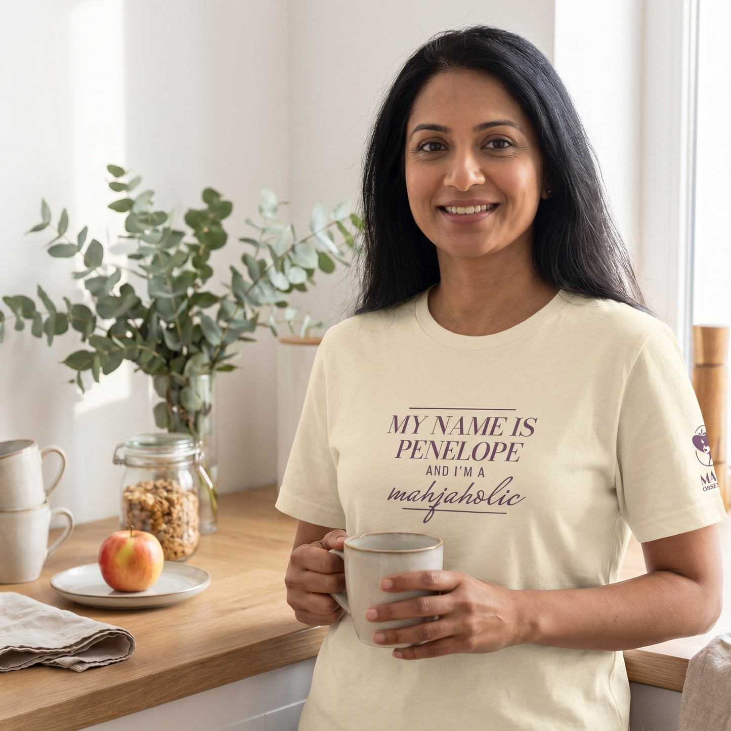 Woman wearing mahjong t-shirt Natural - Mahj Obsessed [color:natural]