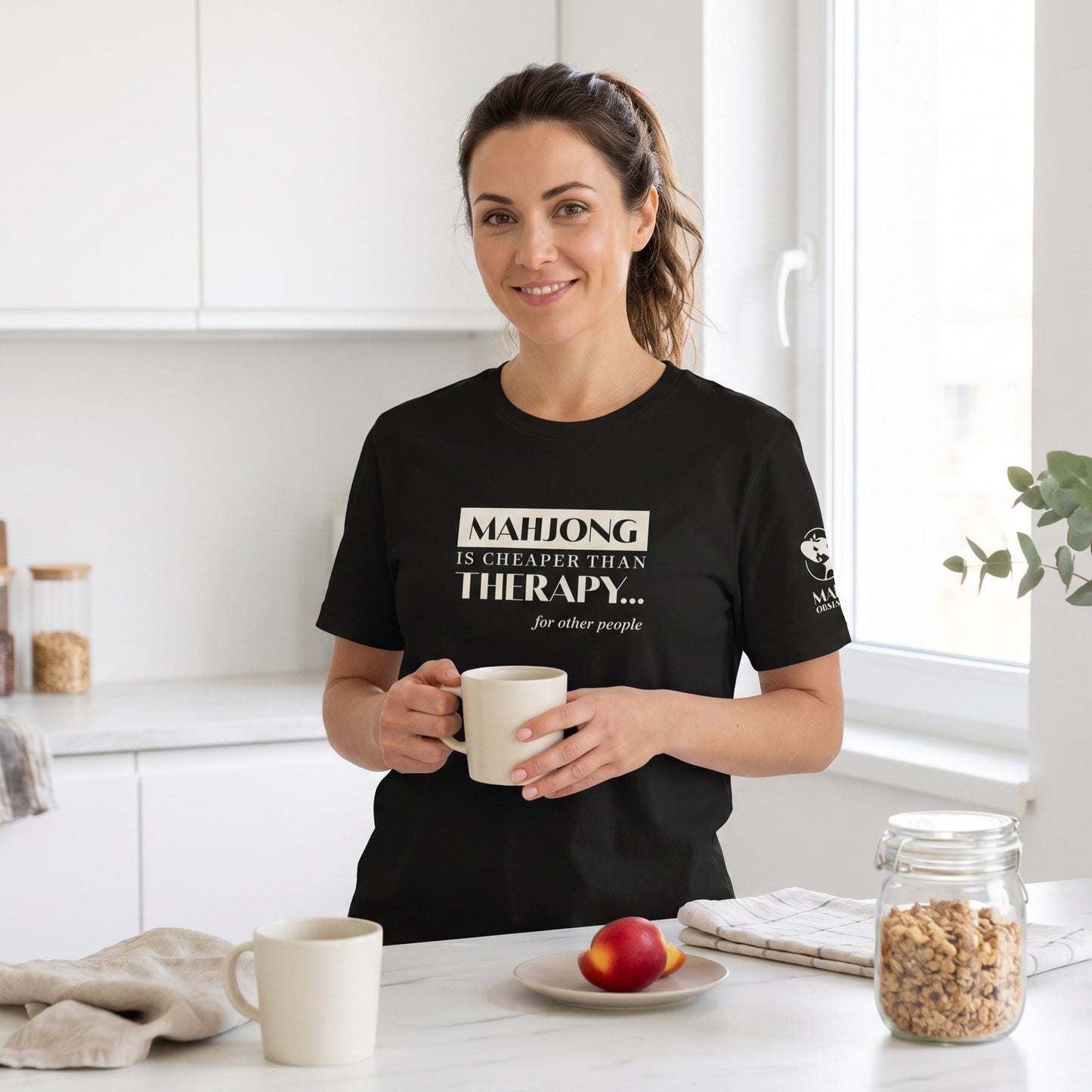Woman wearing mahjong t-shirt Black - Mahj Obsessed [color:black]