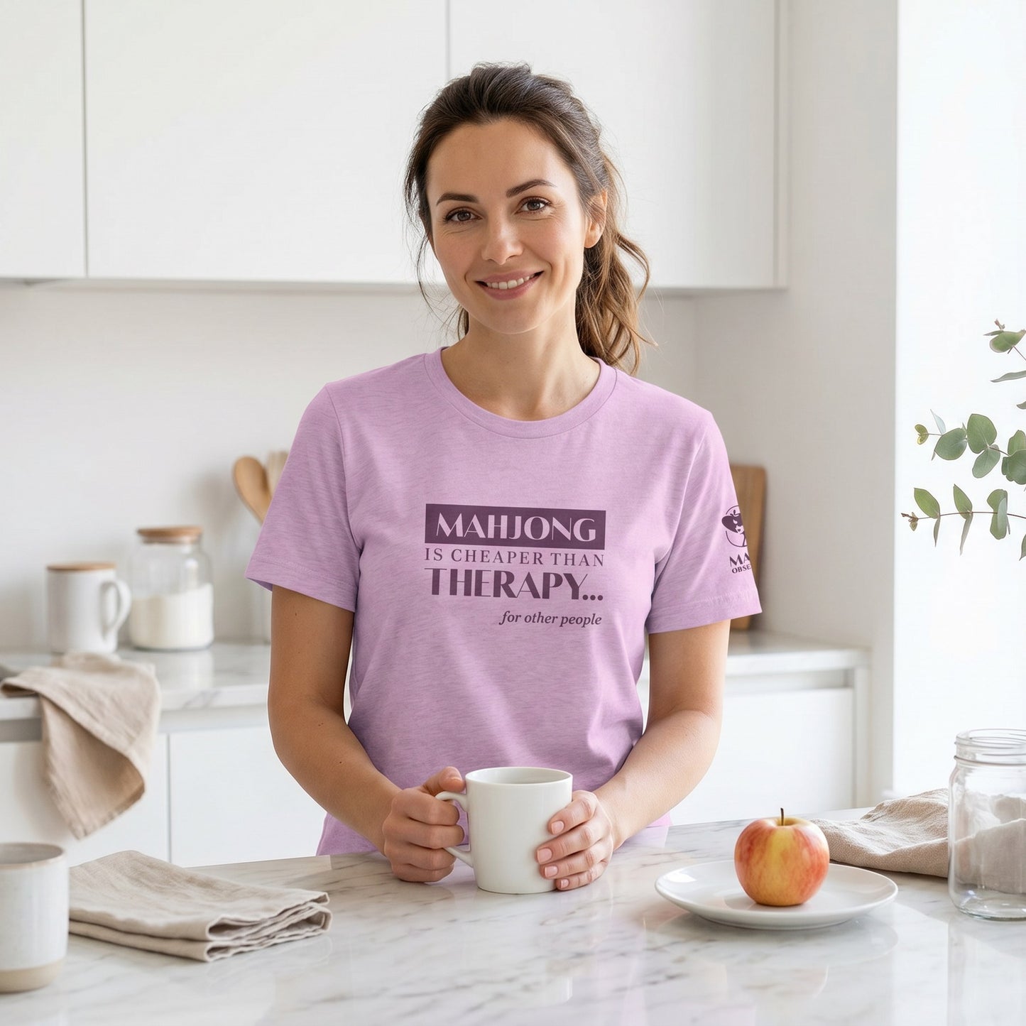 Woman wearing mahjong t-shirt Lilac - Mahj Obsessed [color:lilac]