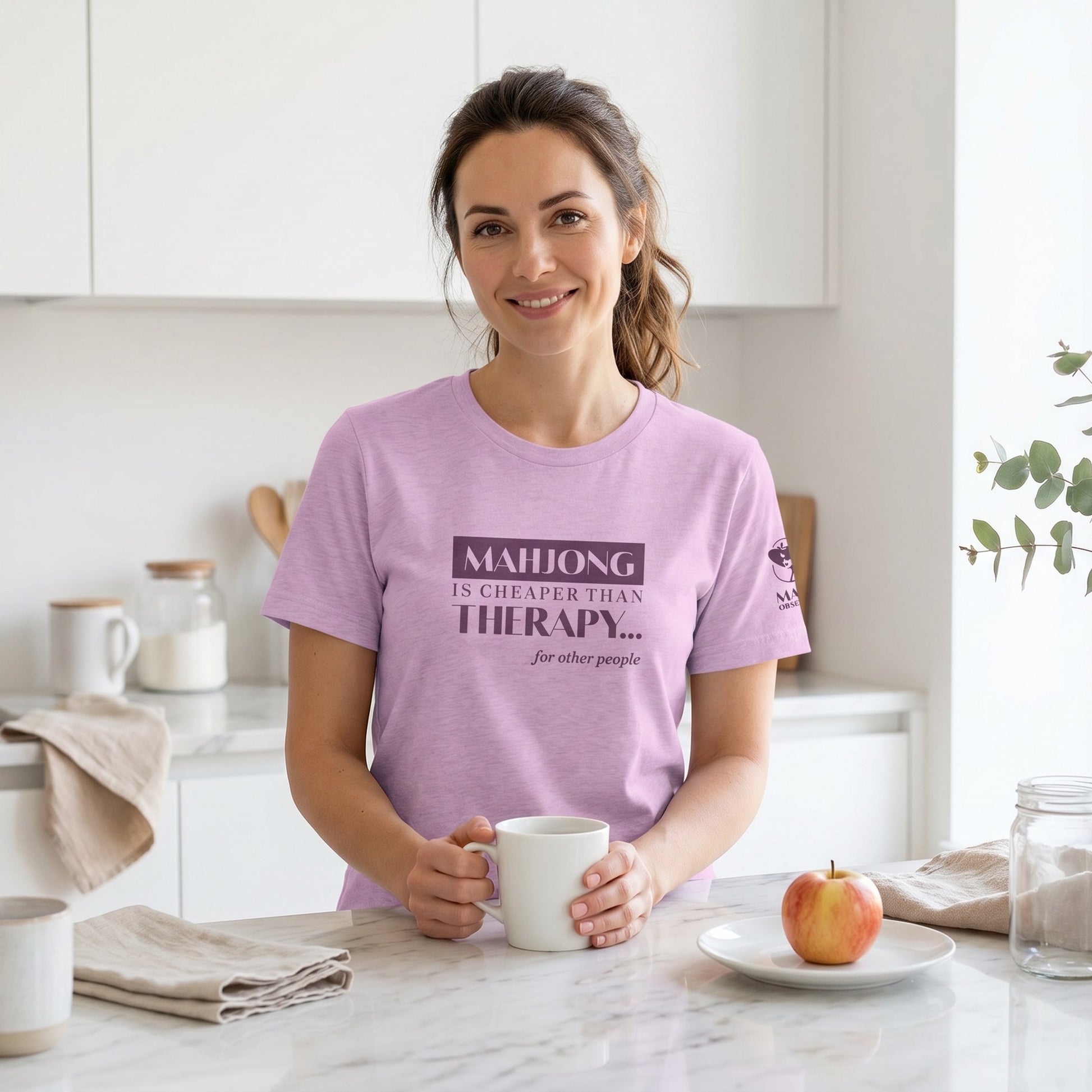 Woman wearing mahjong t-shirt Lilac - Mahj Obsessed [color:lilac]