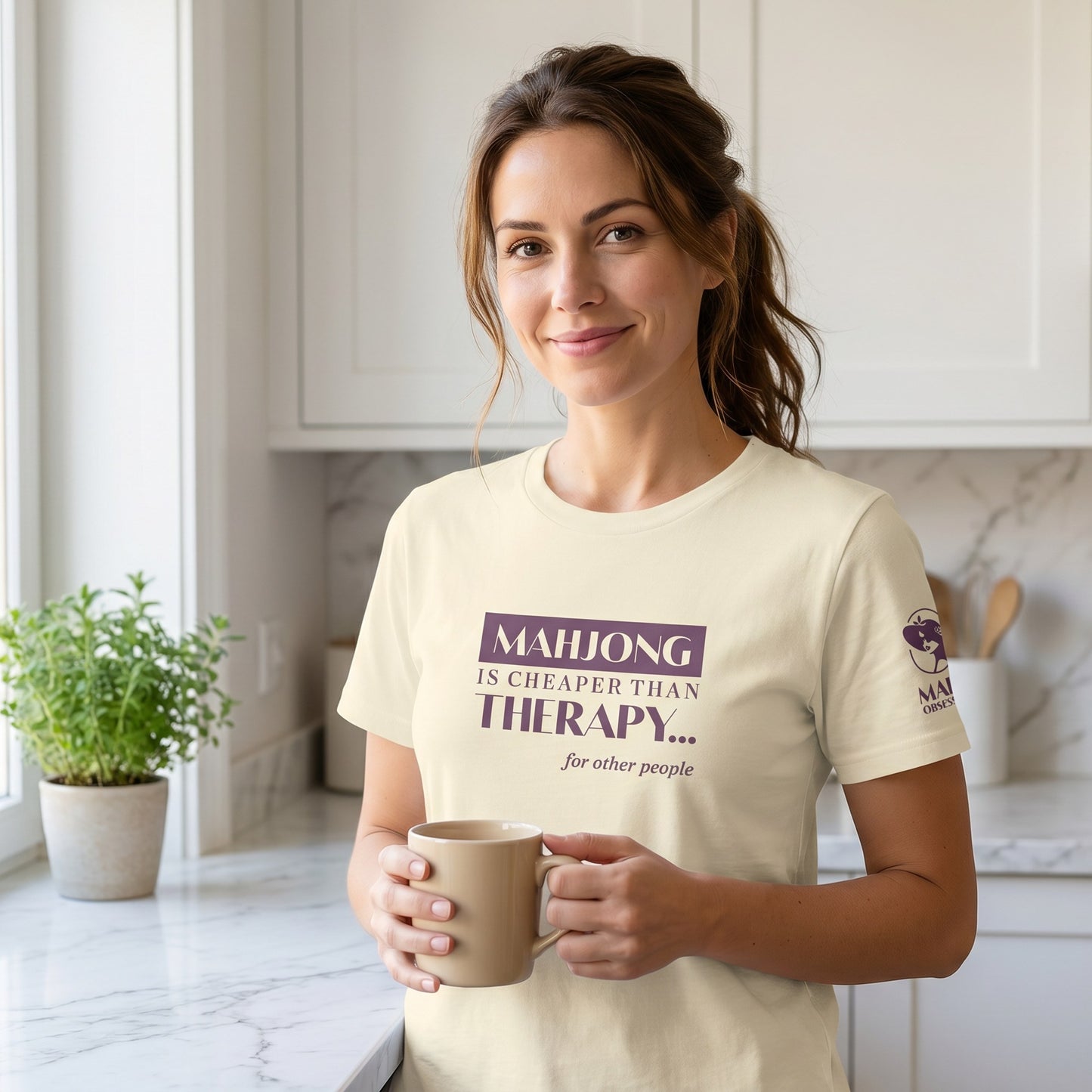 Woman wearing mahjong t-shirt Natural - Mahj Obsessed [color:natural]