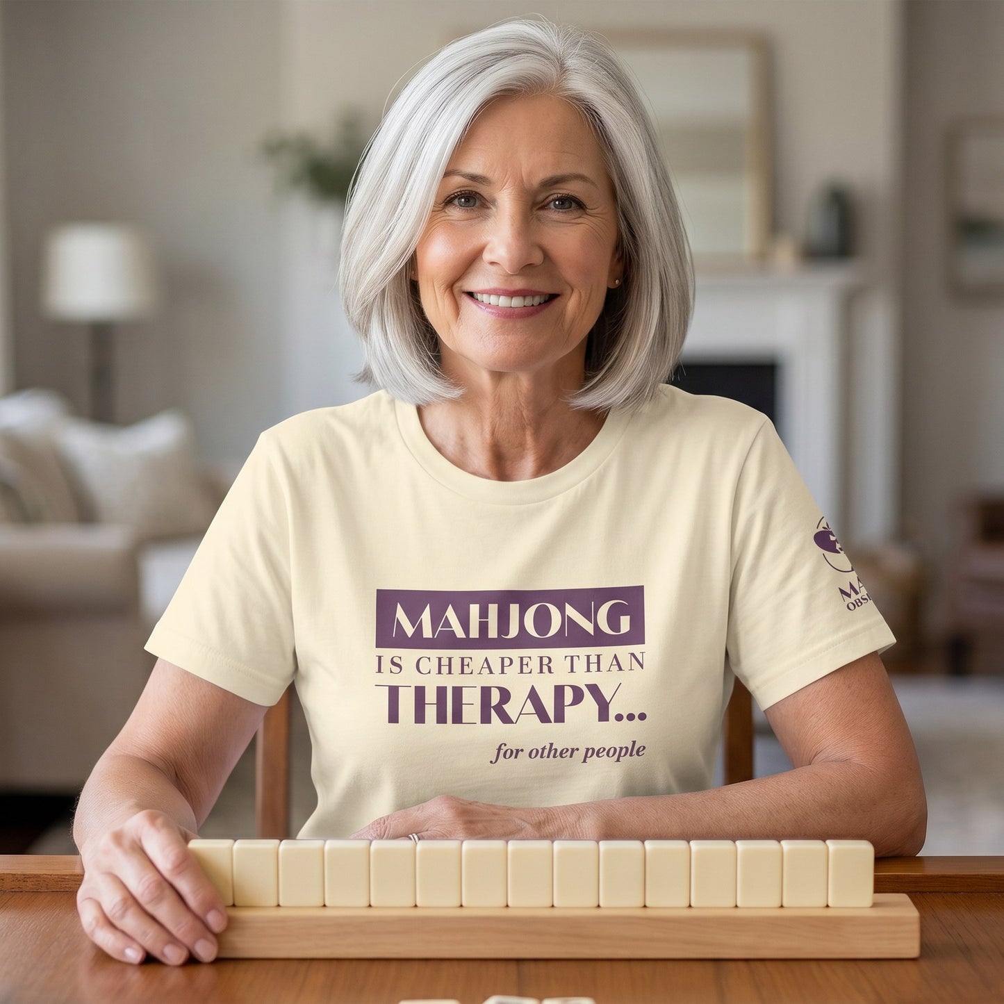 Mahjong t-shirt at game table Natural - Mahj Obsessed [color:natural]