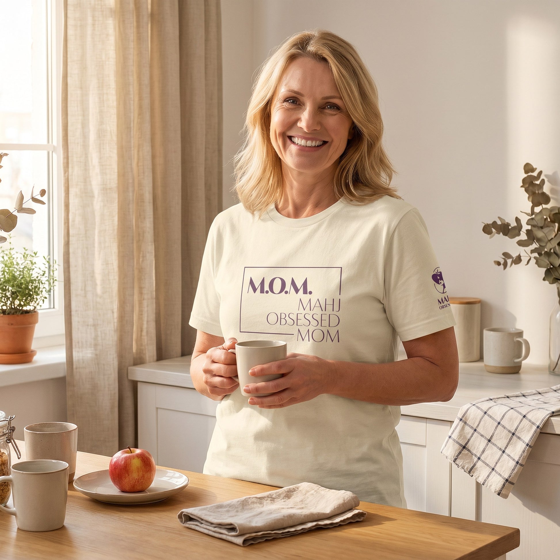 Woman wearing mahjong t-shirt Natural - Mahj Obsessed [color:natural]