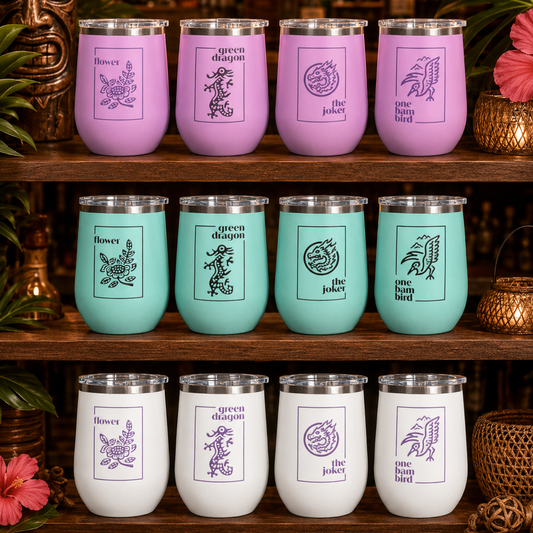 Mahj Classics wine tumbler set of four in white, teal and orchid