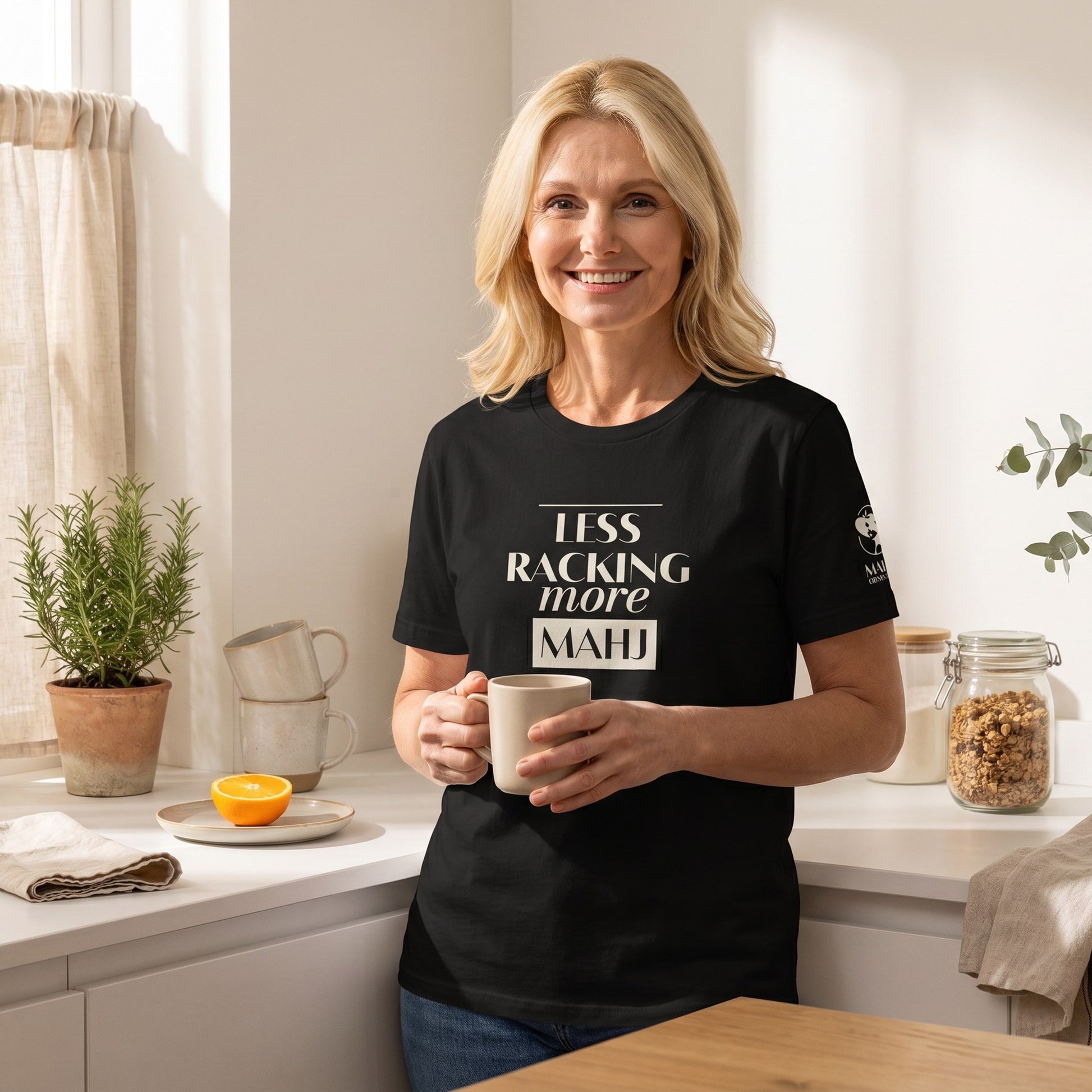 Woman wearing mahjong t-shirt Black - Mahj Obsessed [color:black]